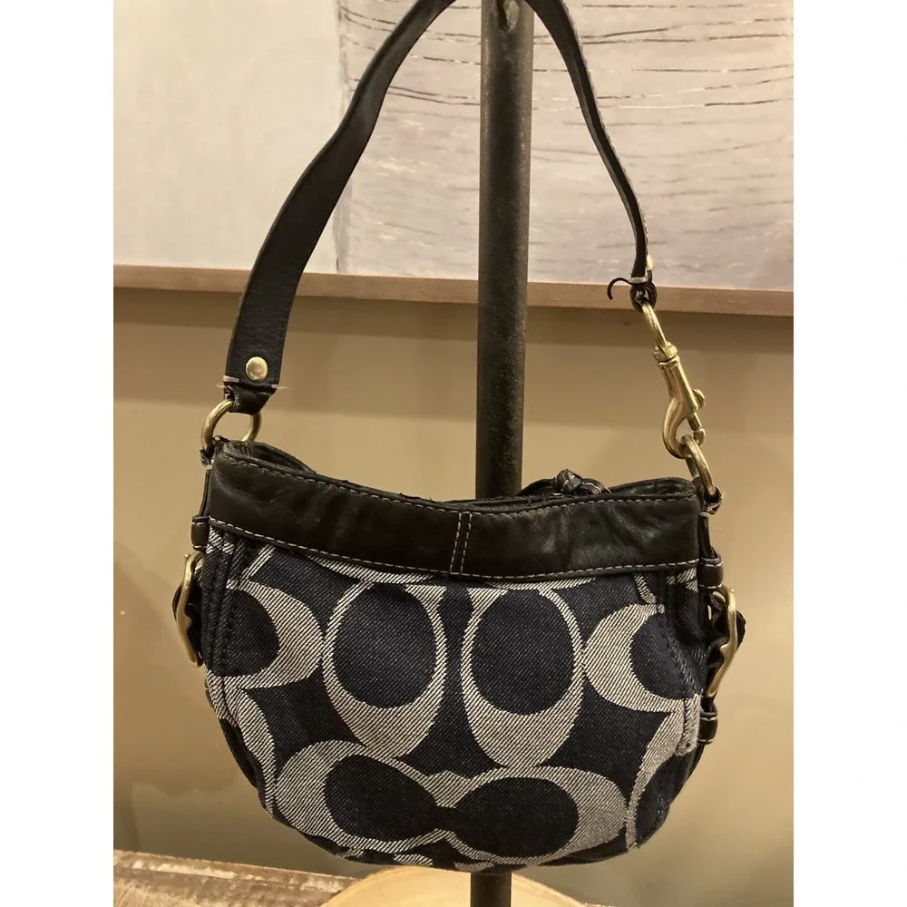 Coach Zoe Mini Blue Denim Signature Jacquard Black‎ Leather Shoulder Bag 41860 - Picture 10 of 11